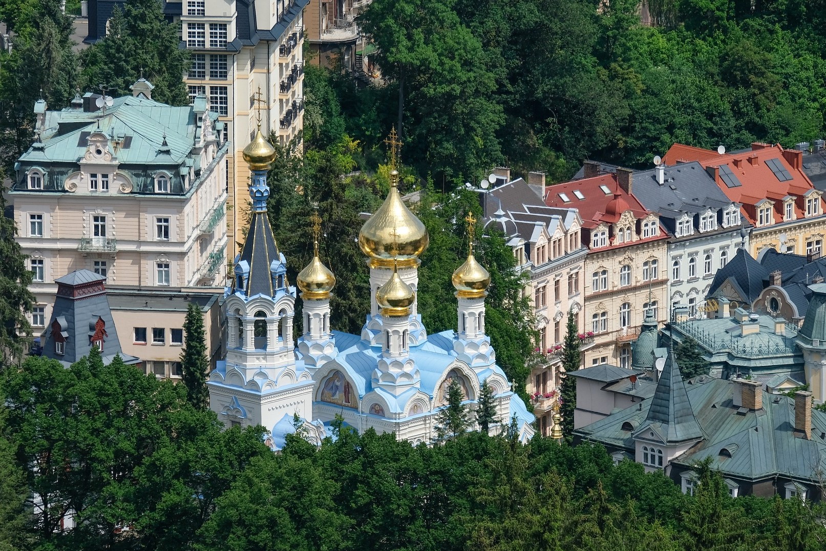 Looking down on Karlovy Vary from the sky on the Russian Orthodox Church