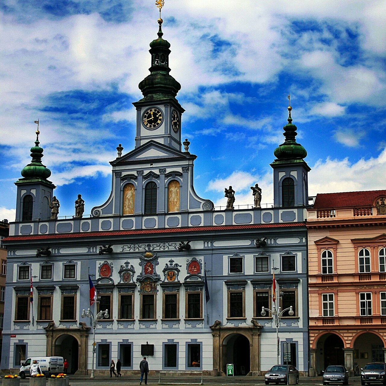Beautiful facades line the České Budějovice main square.