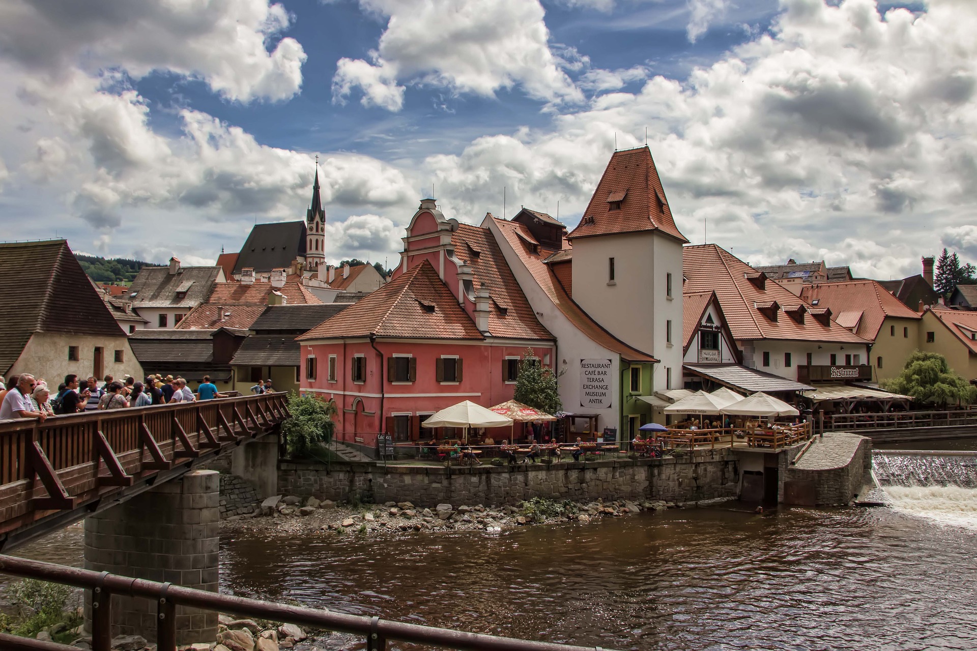 Bridge crossing the Vltava River in Cesky Krumlov, pearl of South Bohemia in Czech Republic.