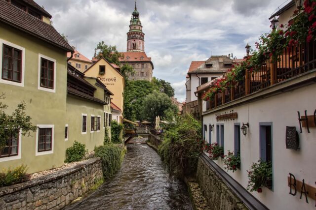 a canal running through Český Krumlov, south Bohemia, lined with beautiful traditional houses.