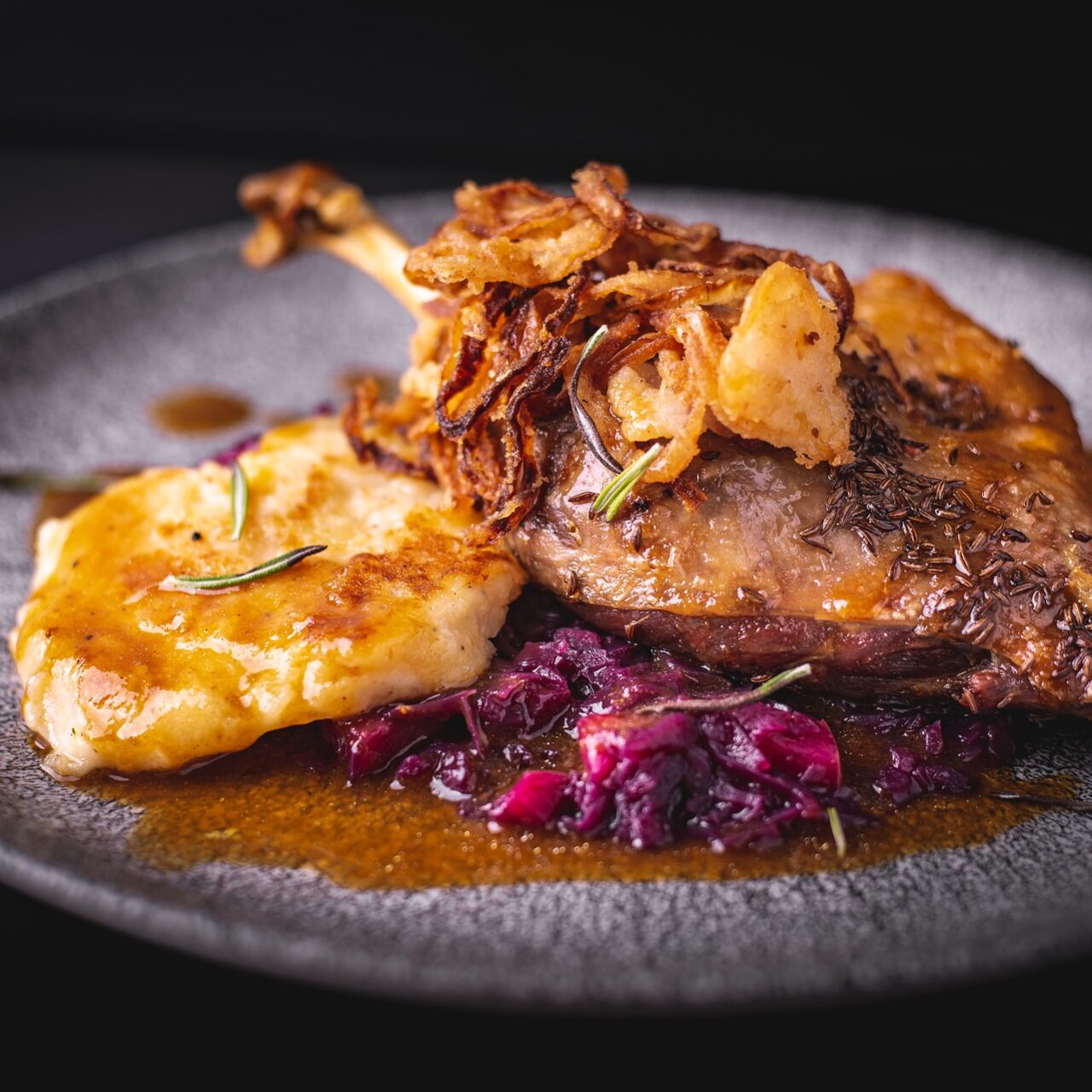 Enjoy delicious Czech food, like goose and red cabbage.