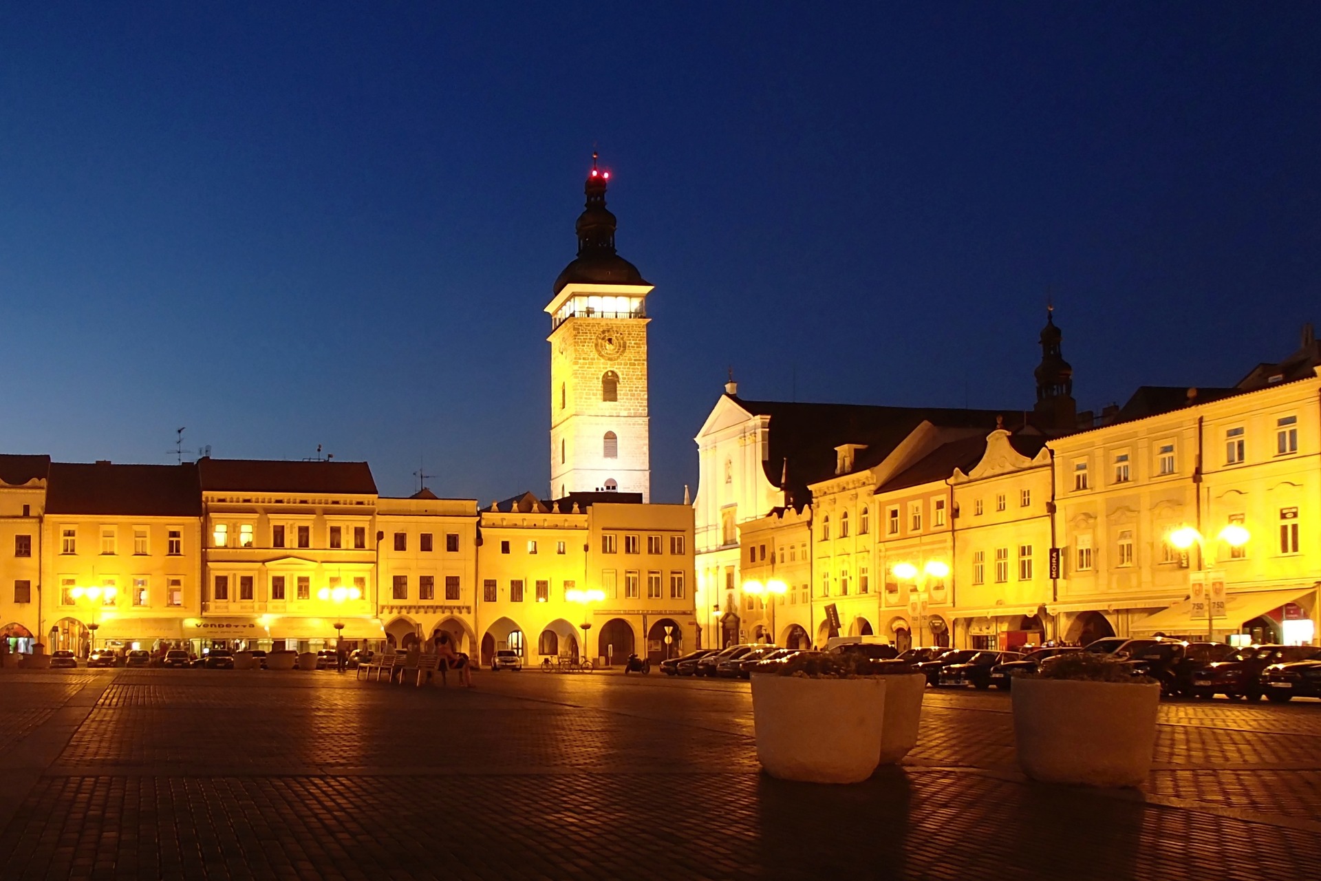 Night view of České Budějovice's main square.