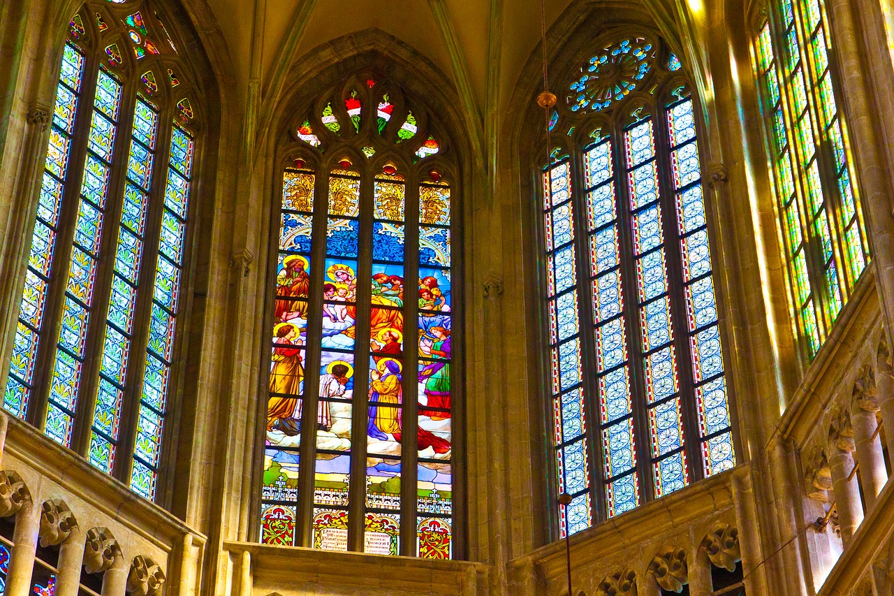 Stain glass windows in St. Barbara Cathedral in Kutna Hora