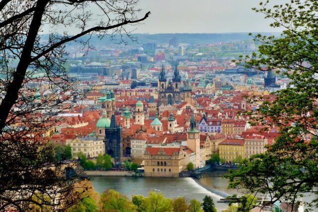 View of Prague from Petrin Hill, looking at the Vltava River and Staroměstské Náměstí. (Old Town)