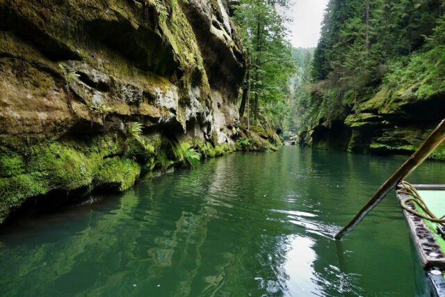 A boat trip through a gorge in Bohemian Switzerland, northern Czech Republic.