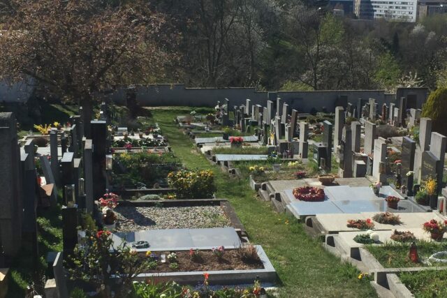 A cemetery in Prague, decorated with flowers for Easter.