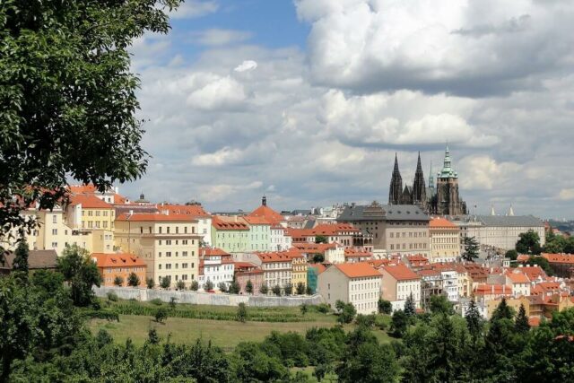 A view of the Prague Castle from Petrin Hill in Prague.